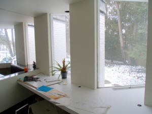 Homework Station: A built in desk at the window bays provides several work stations easily monitored from the kitchen.