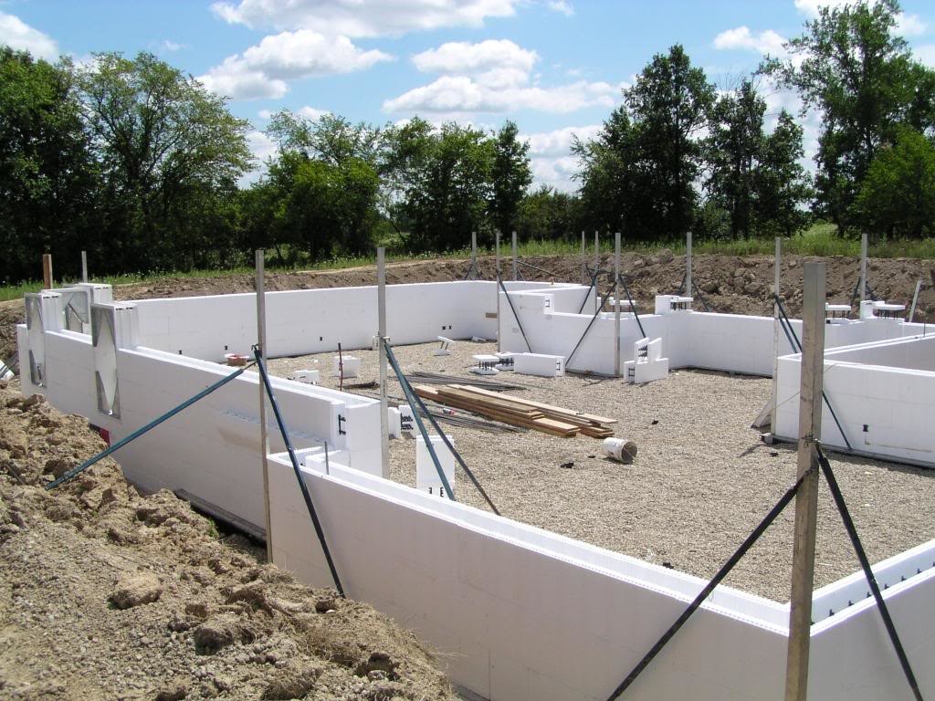 An insulated concrete form foundation under construction.